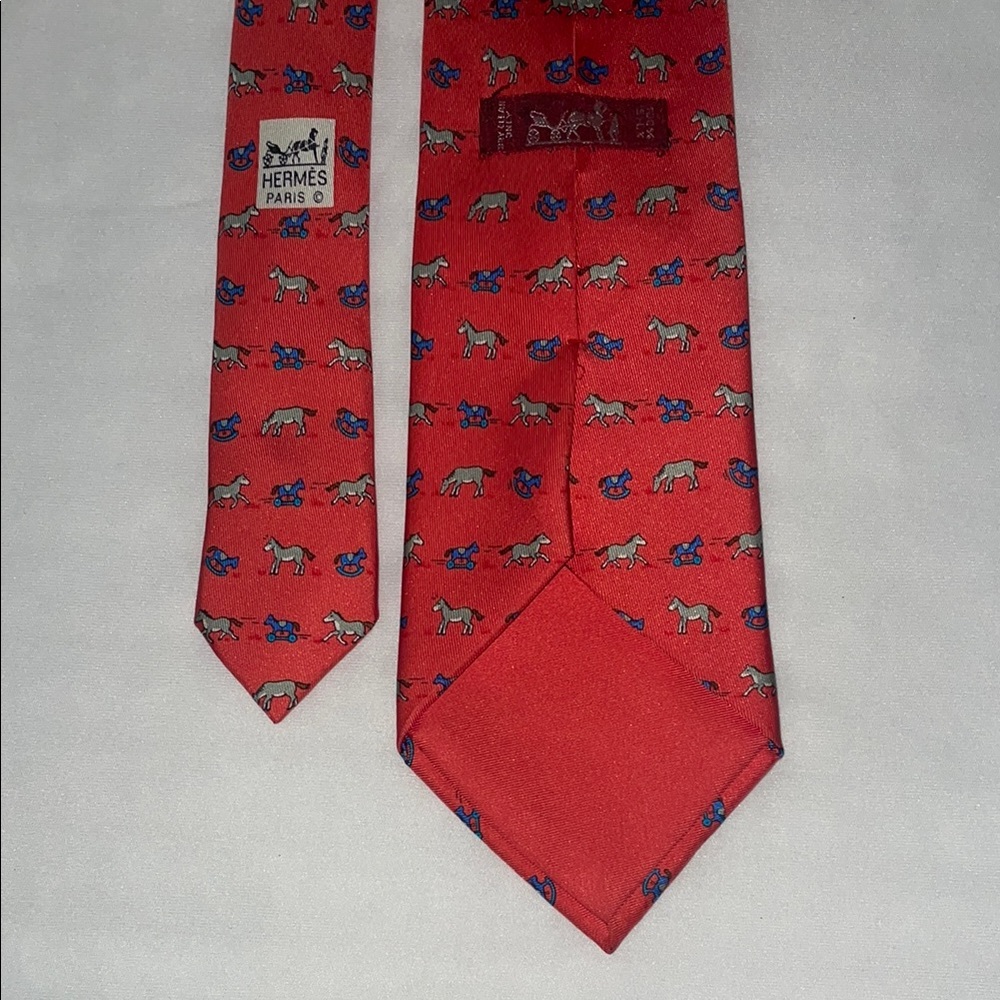 Hermes Red and Blue Silk Tie with Pony and Rocking Horse Design - Picture 6 of 6